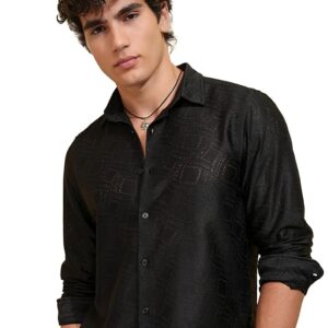 Highlander Men's Slim Fit Shirts | Self Design | Long Sleeves | Cutaway Collar | Casual Shirts | Stylish Shirt